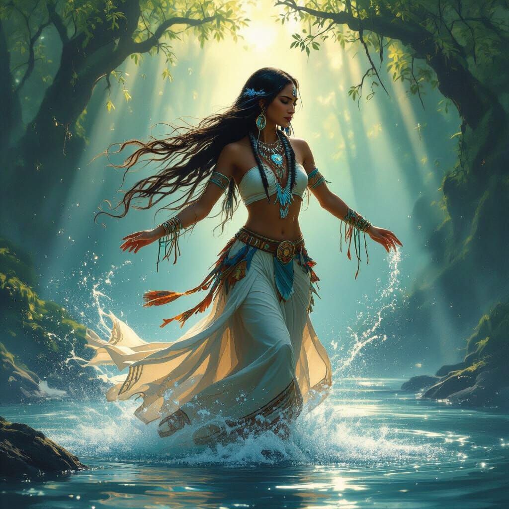 Native American Water Goddess Dancing in Misty Forest