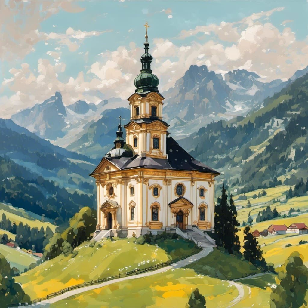 Bavarian Baroque Church in Alpine Sketch Style