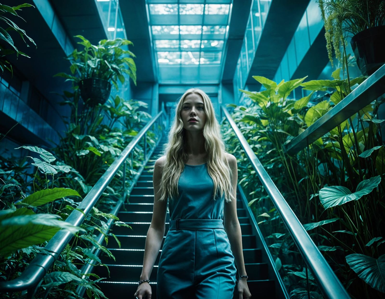 Futuristic Swedish Girl Ascending to Spaceship