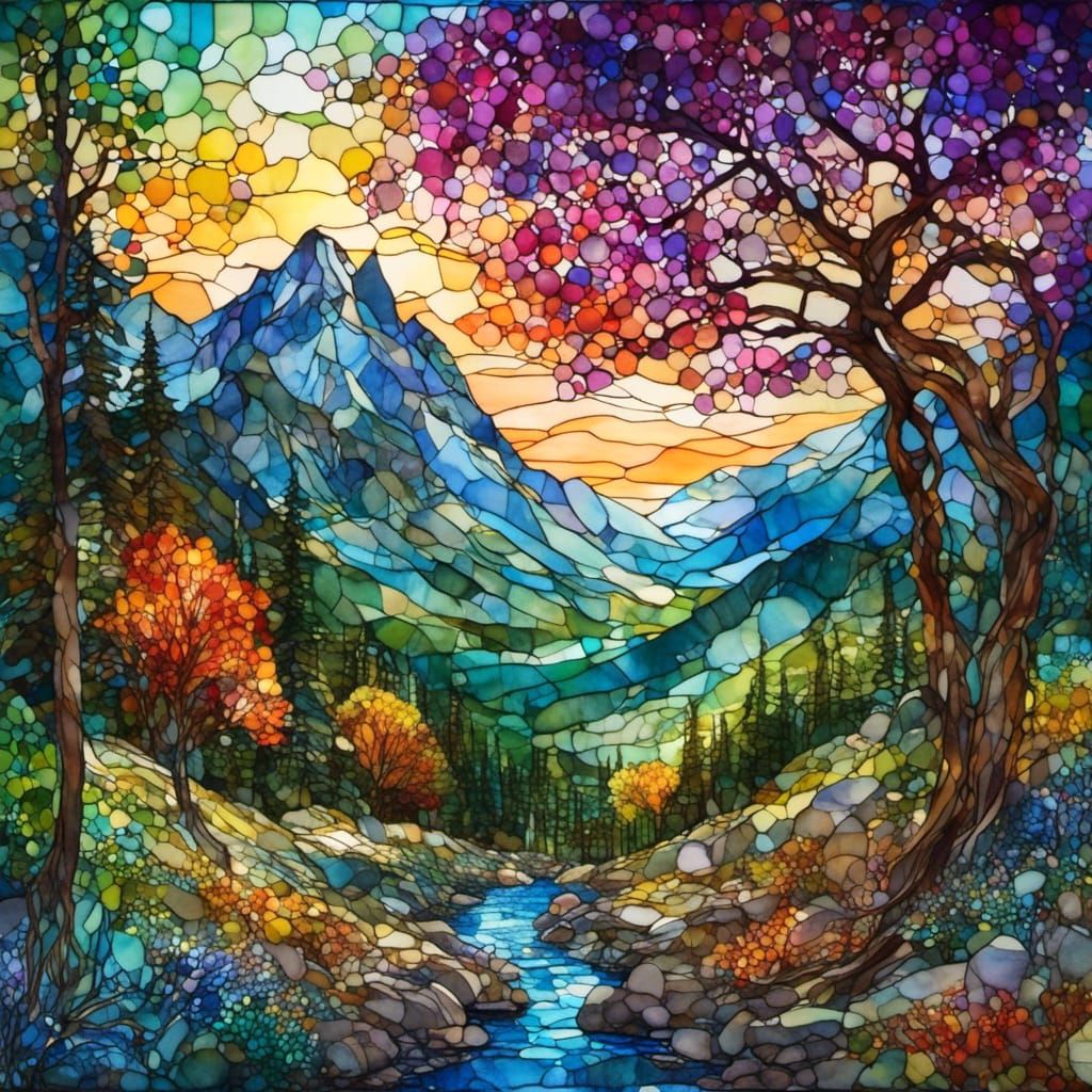 Mountain Scene in Stained Glass Window Art