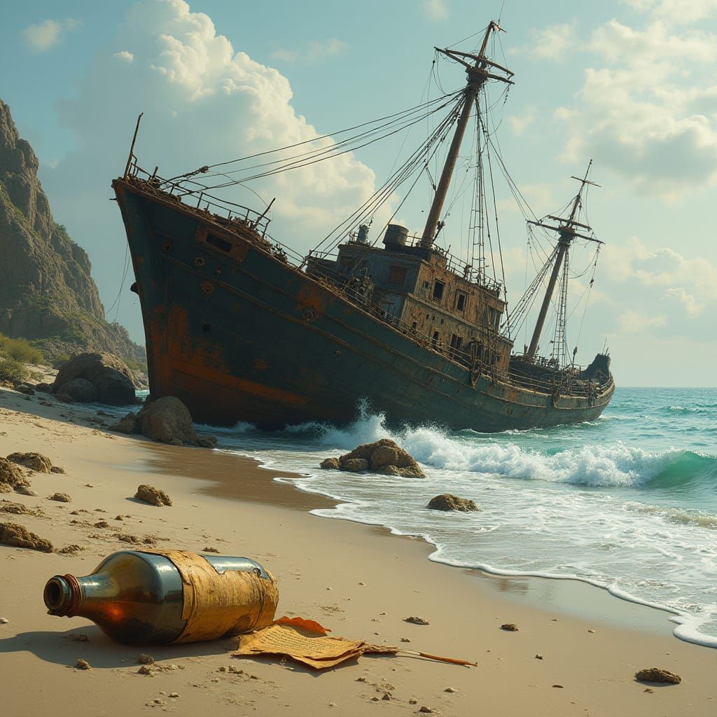 Shipwreck on Shore in Atmospheric Style