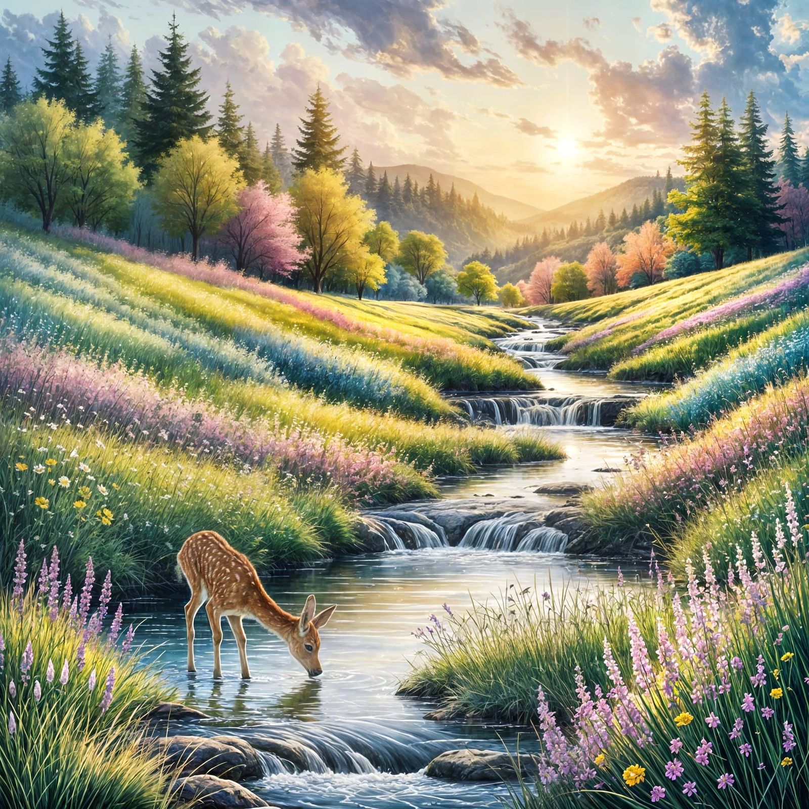 Spring Landscape with River and Fawn, Watercolour