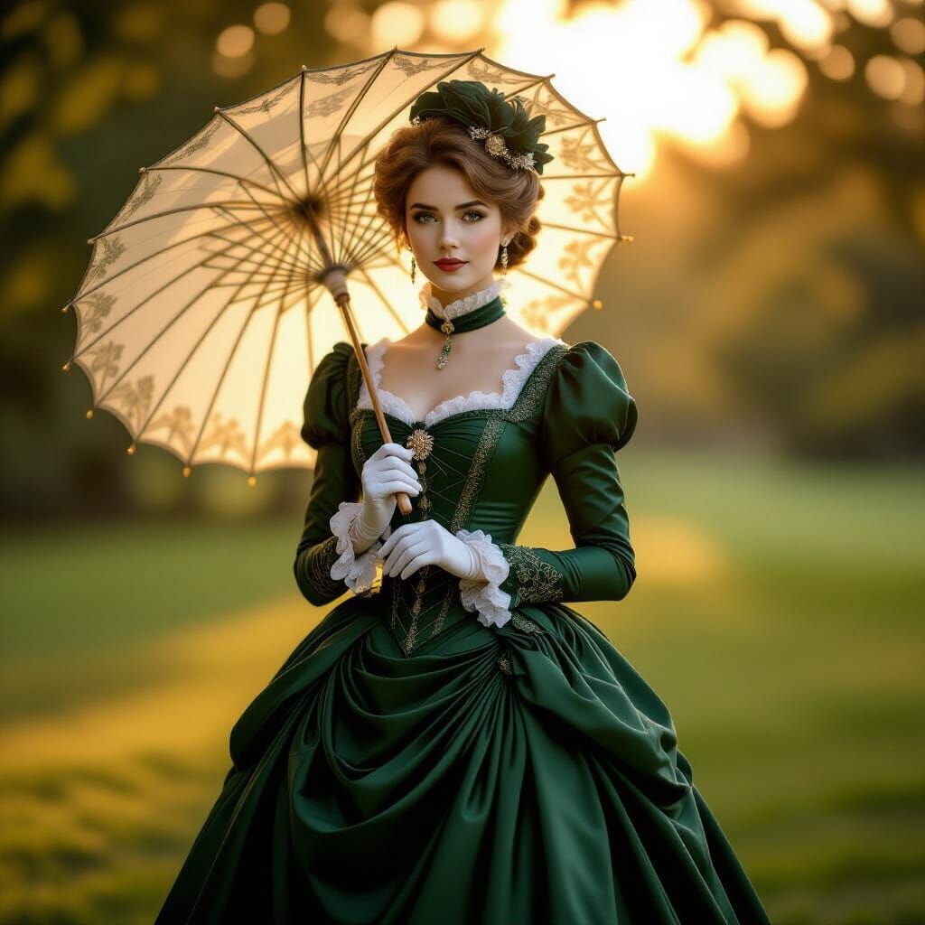 Victorian Woman in Green Gown with Parasol at Golden Hour