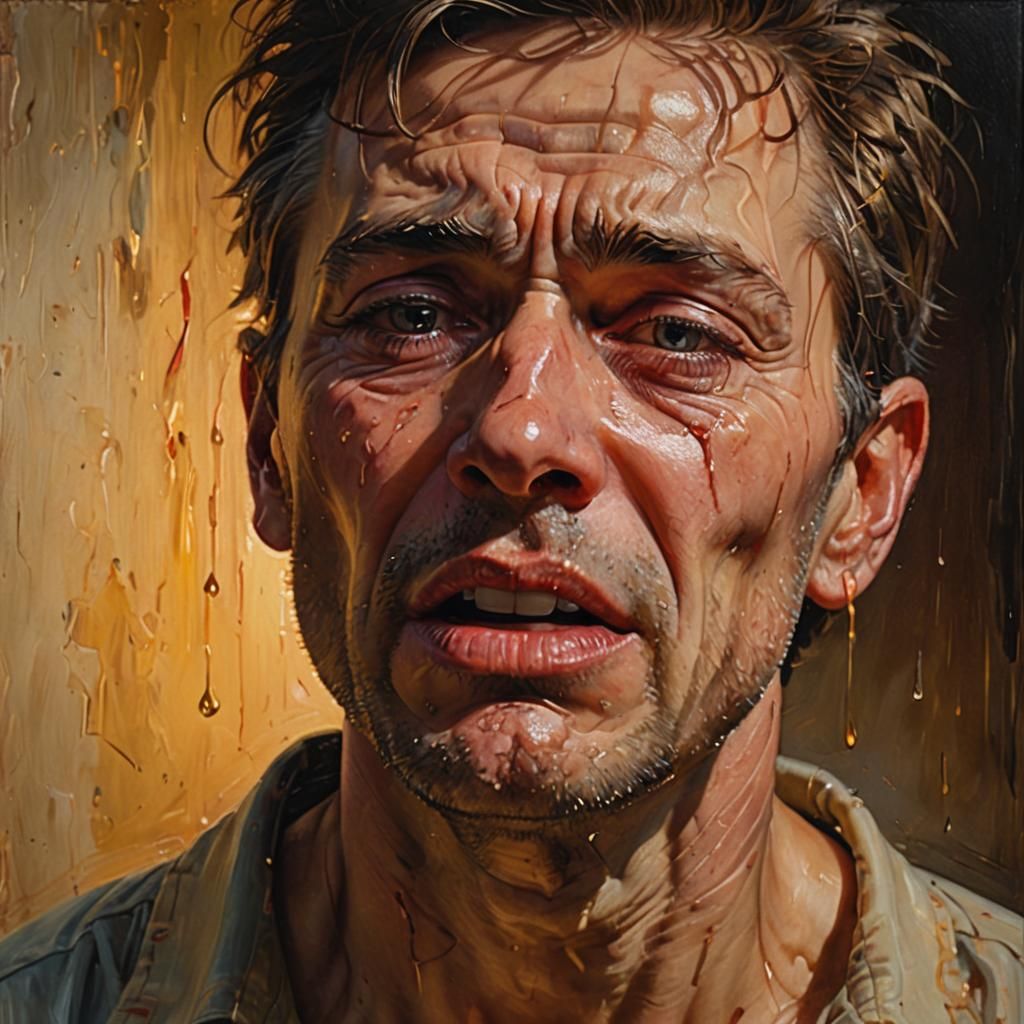 Expressive Oil Painting of Weeping Man in Hyperrealism