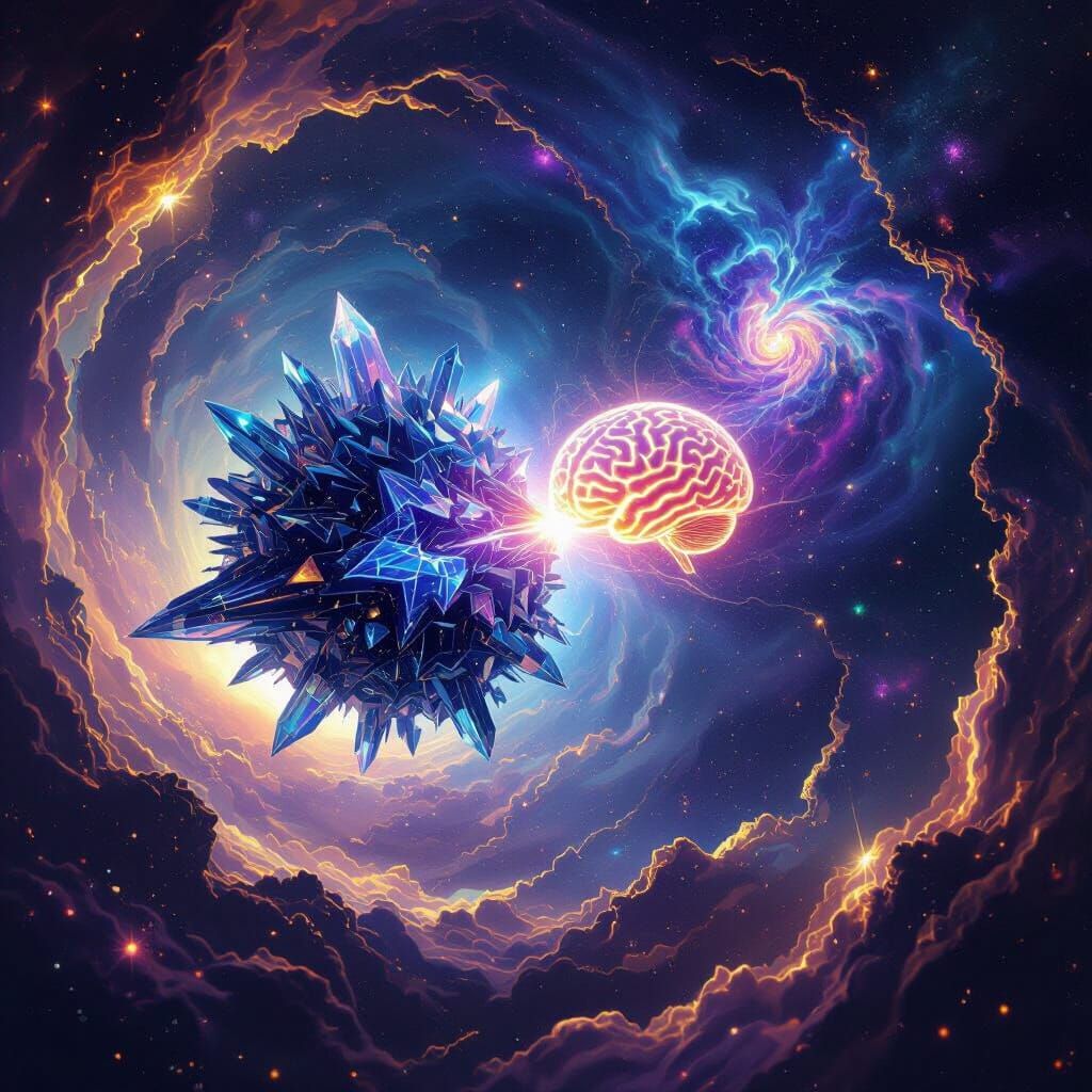 Cosmic Entity Steals Glowing Brain in Surreal Digital Art