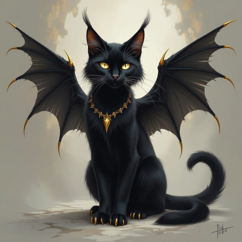 Sleek Black Cat with Gold Tails and Wings