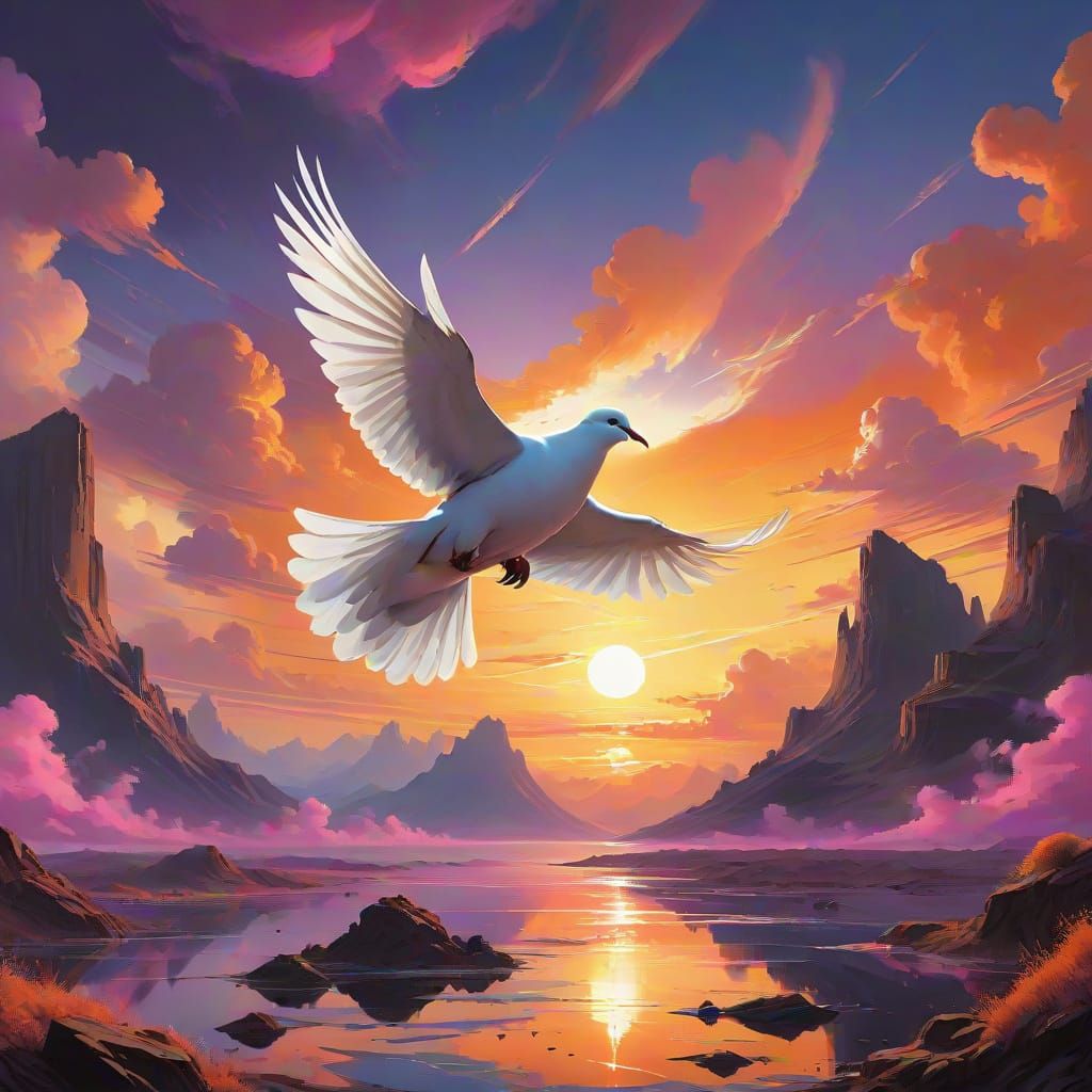 Majestic Dove in Sunset Sky with Olive Branch