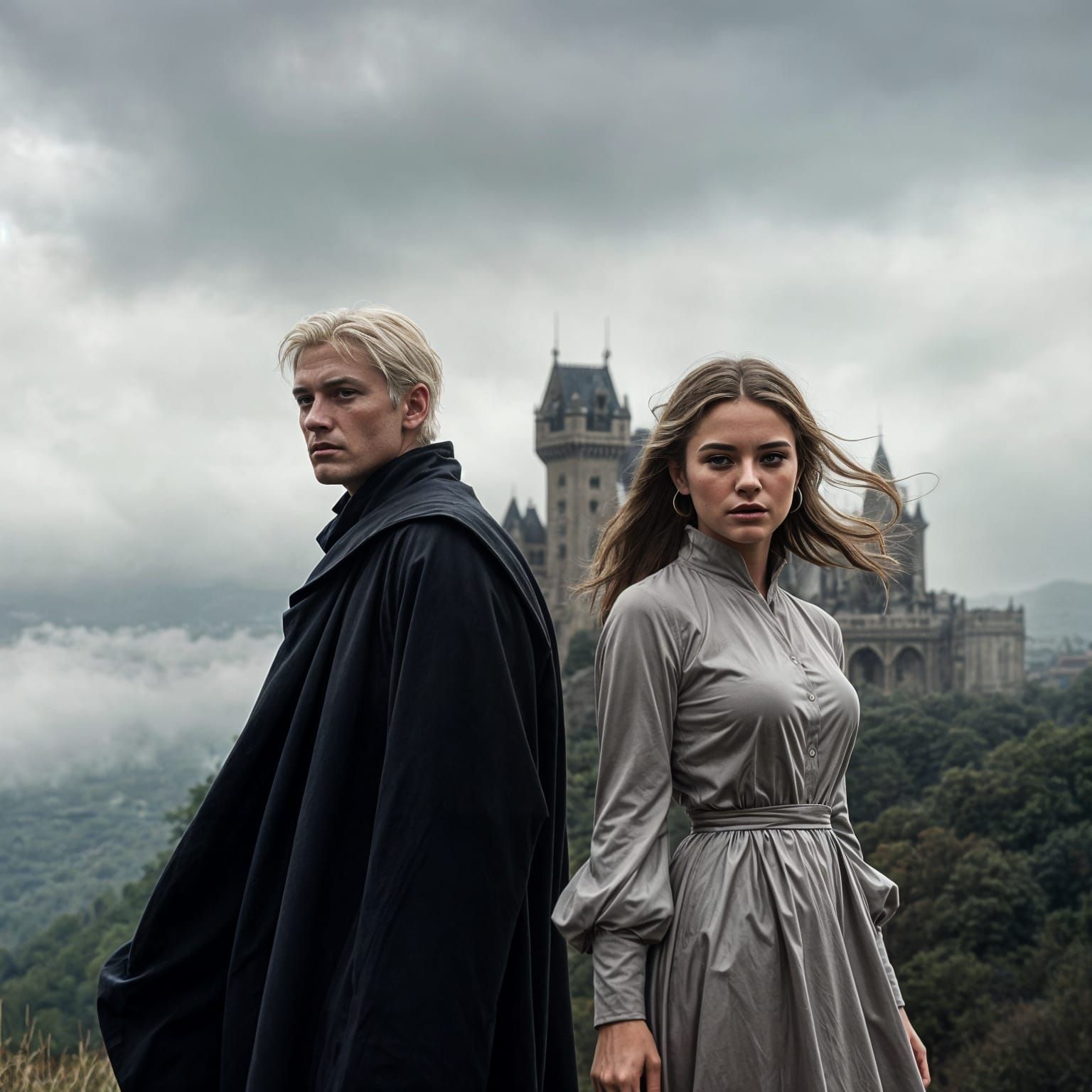 Mysterious Couple Overlooks Majestic Castle in the Mist