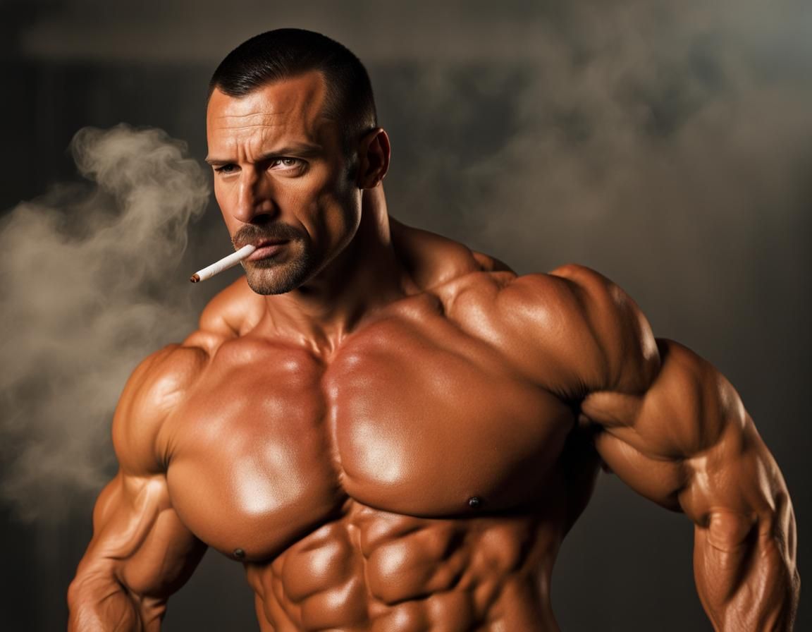 Hyperrealistic Bodybuilder Security Guard Smoking