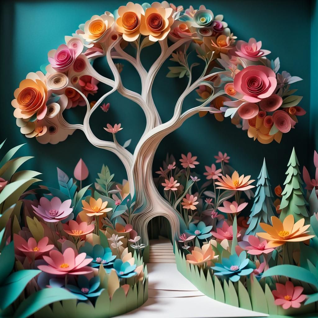 Colorful Paper Sculpture Garden with Exaggerated Depth