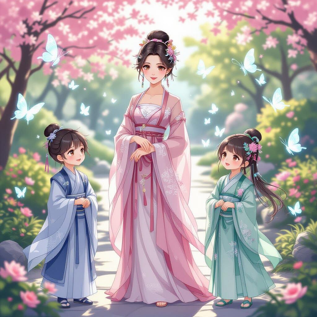 Anime Illustration of Figures in Hanfu in Lush Garden
