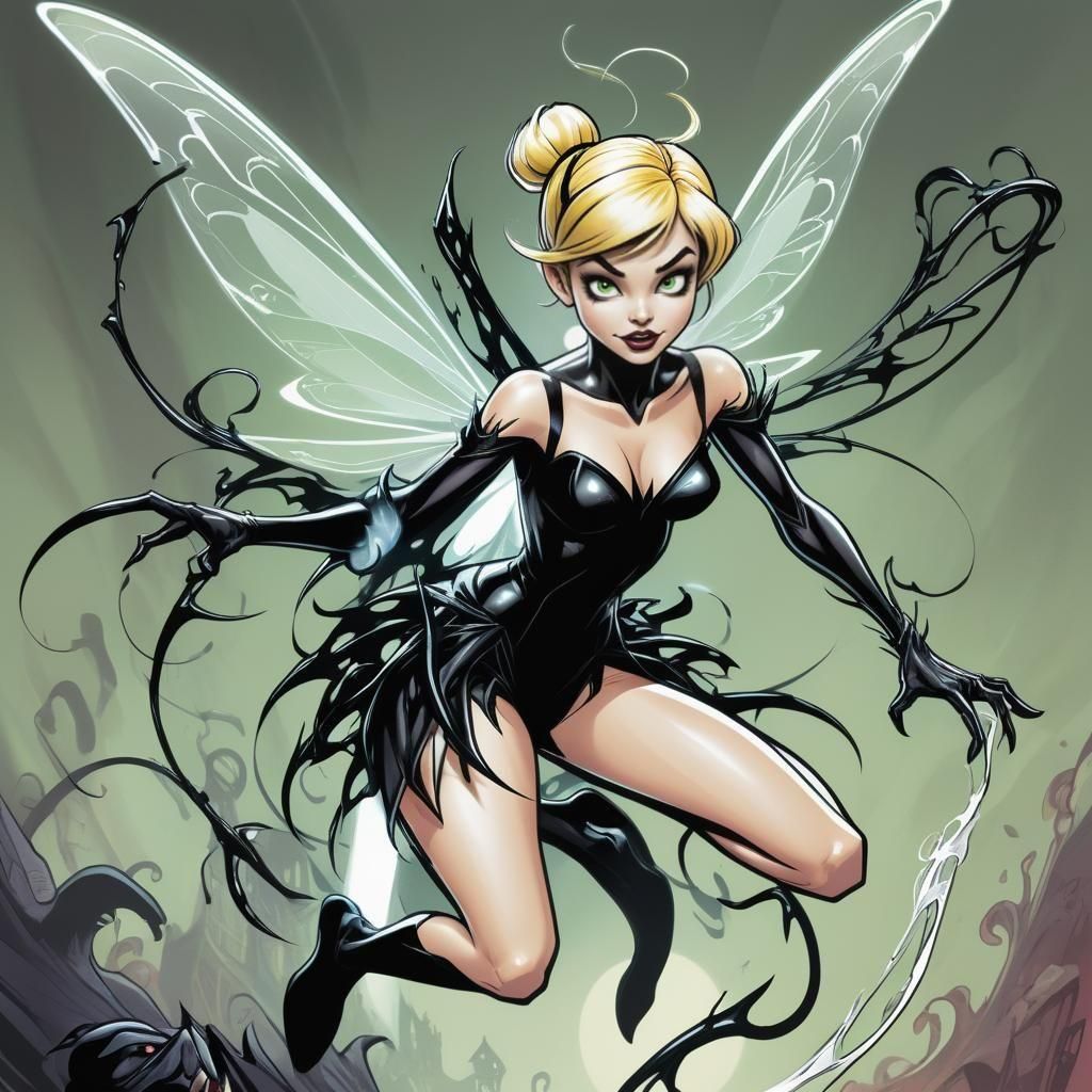 Venom Symbiote Corrupts Tinkerbell, Comic Art Style