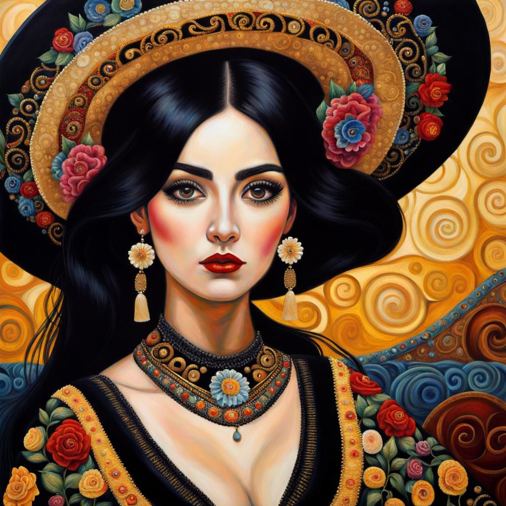 Ornate Sombrero: A Surreal Portrait in Klimt Style