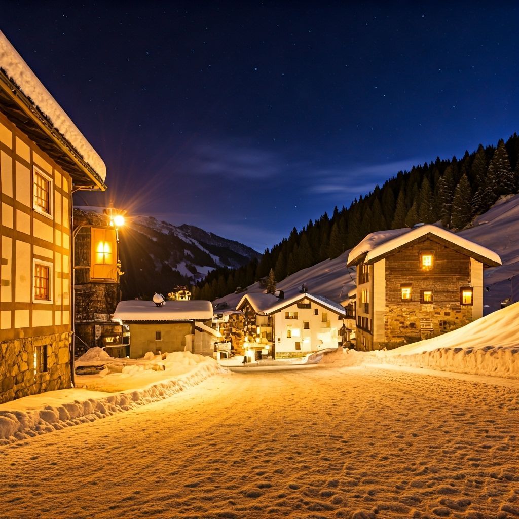 Snowy Alpine Village Aglow with Lanterns at Night