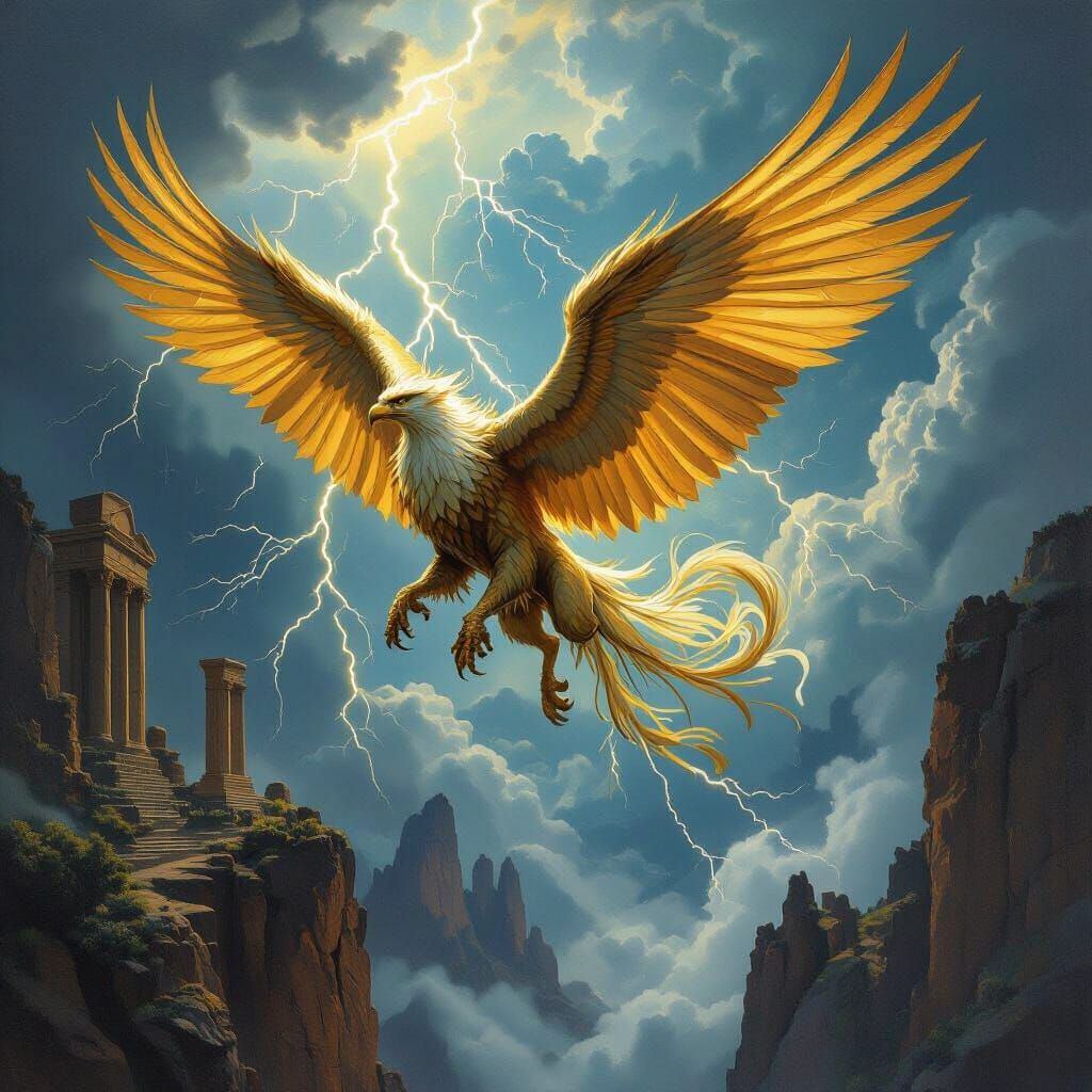 Griffin Soaring Through Stormy Sky in Oil Painting Style