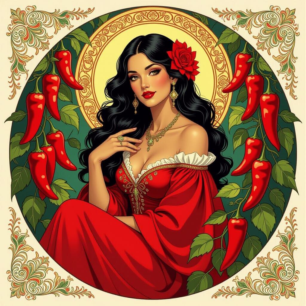Red Chile Queen in Art Nouveau Style