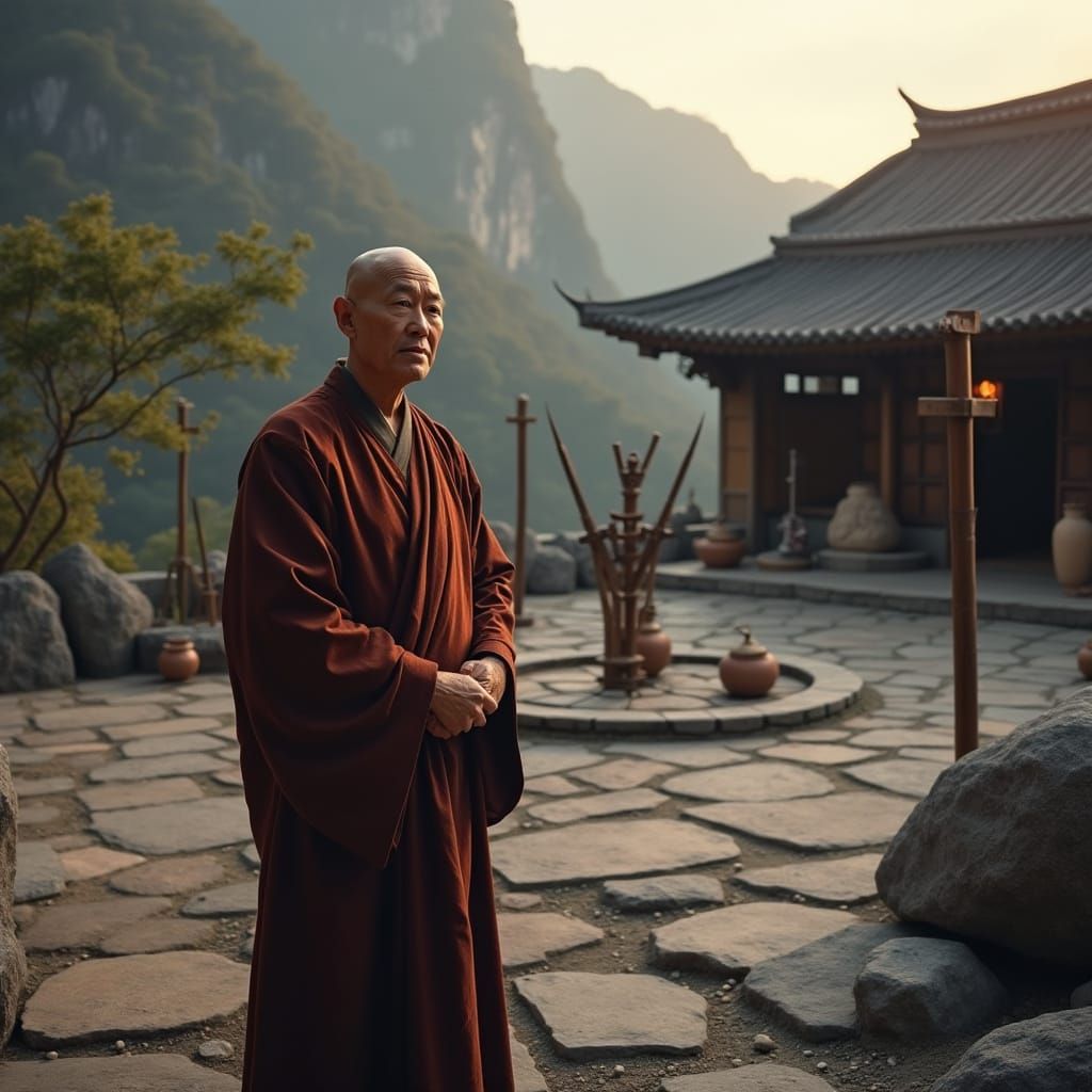 Elderly Monk at Mountain Shrine in Evening