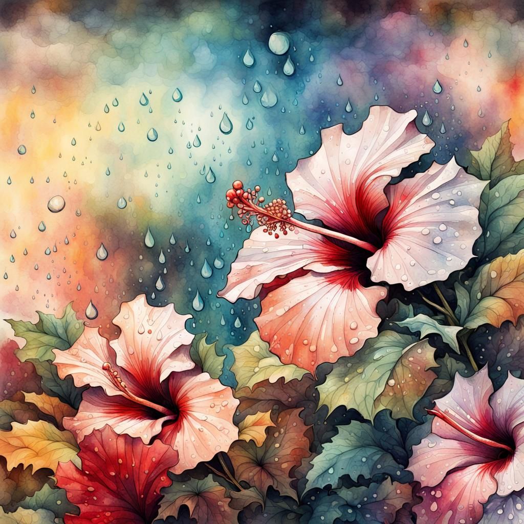 Hibiscus Flower in Rainy Garden: Digital Watercolor Art