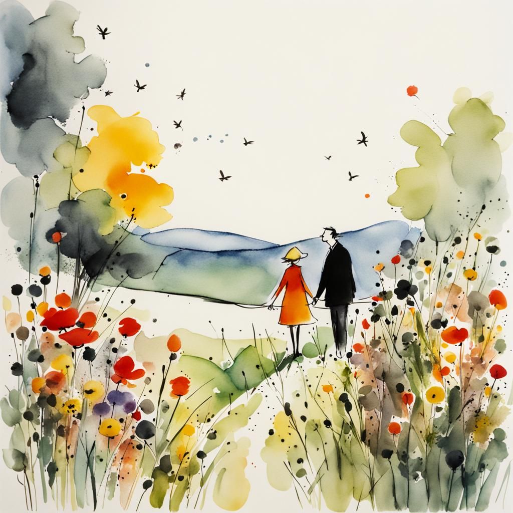 Couple in Flower Meadow, Quentin Blake Watercolor