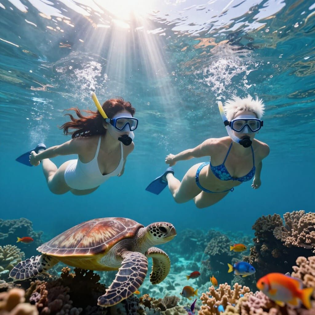 Sunlit Underwater Scene With Two Women Snorkeling