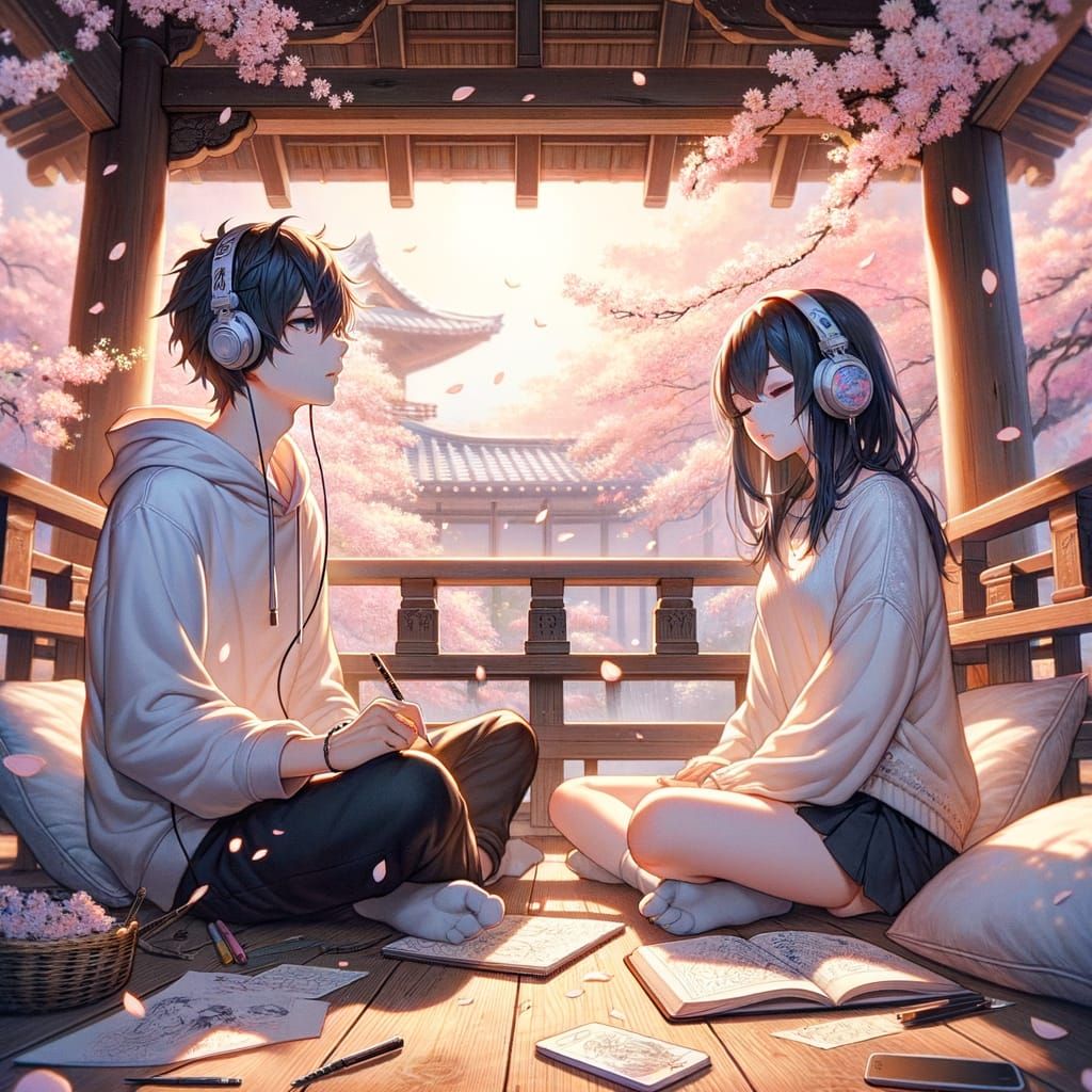 Anime-Inspired Twins Relax on Traditional Japanese Veranda A...