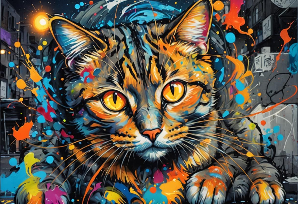 Glowing Cat in Vibrant Street Art Style