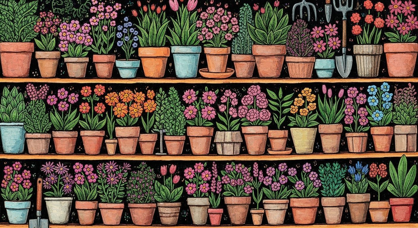 Whimsical Naive Art Painting of a Plant-Filled Shelf