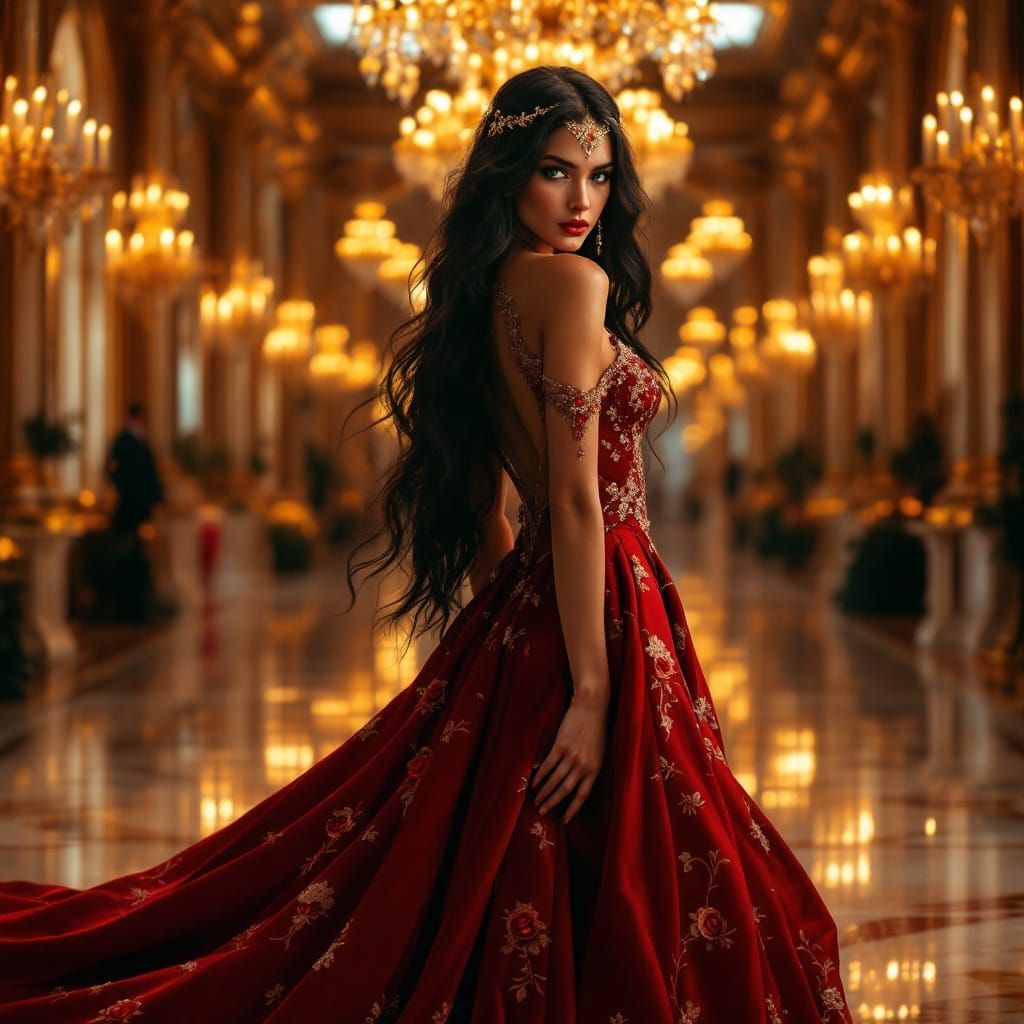 Elegant Woman in Royal Ballroom with Ruby Red Gown and Gold...