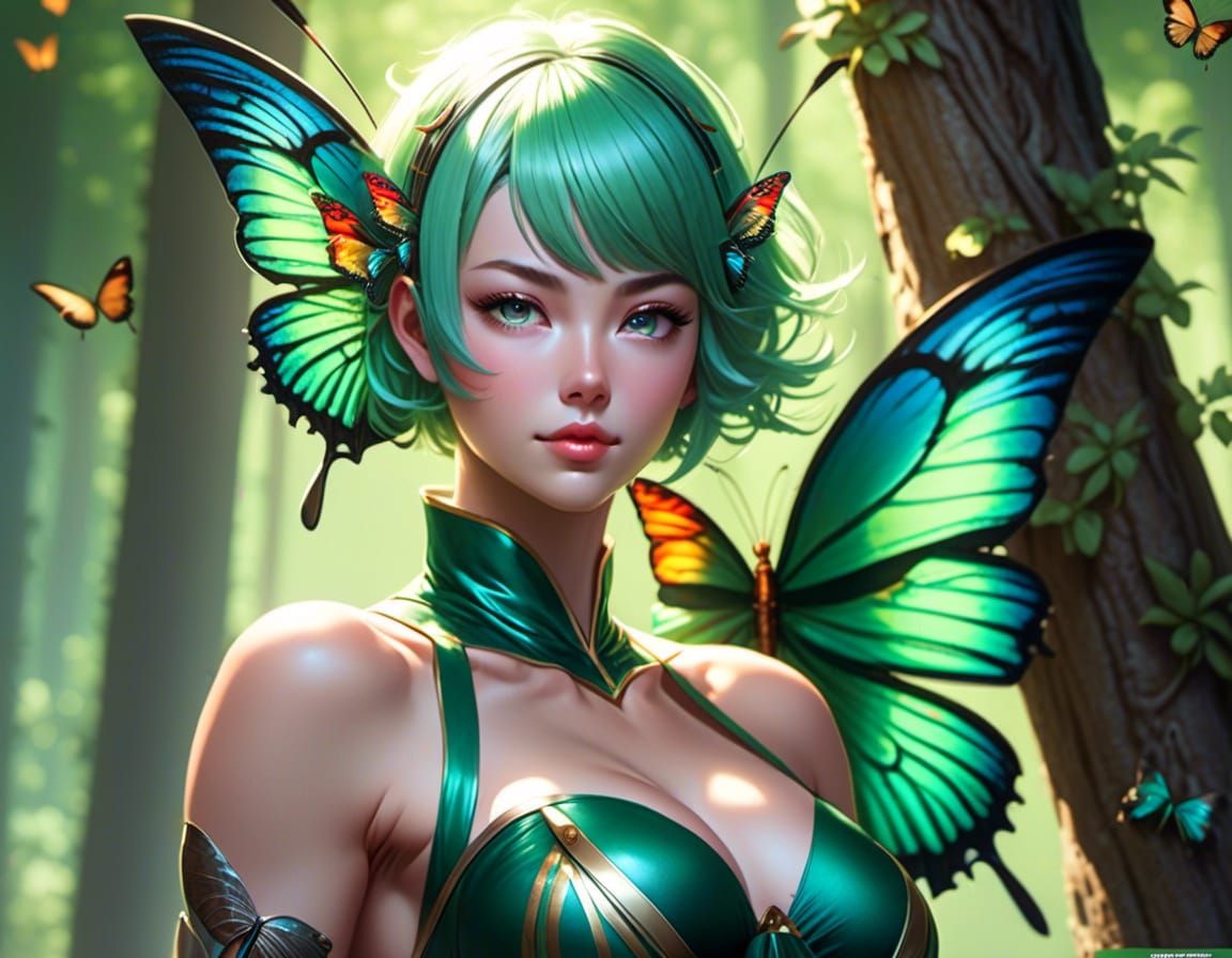 Butterfly-Winged Woman in Forest, Detailed Portrait