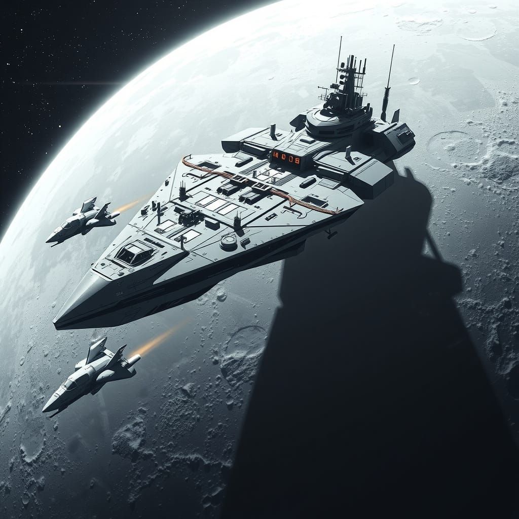 Futuristic Warship Enters Lunar Orbit in a Cyberpunk Aesthet...
