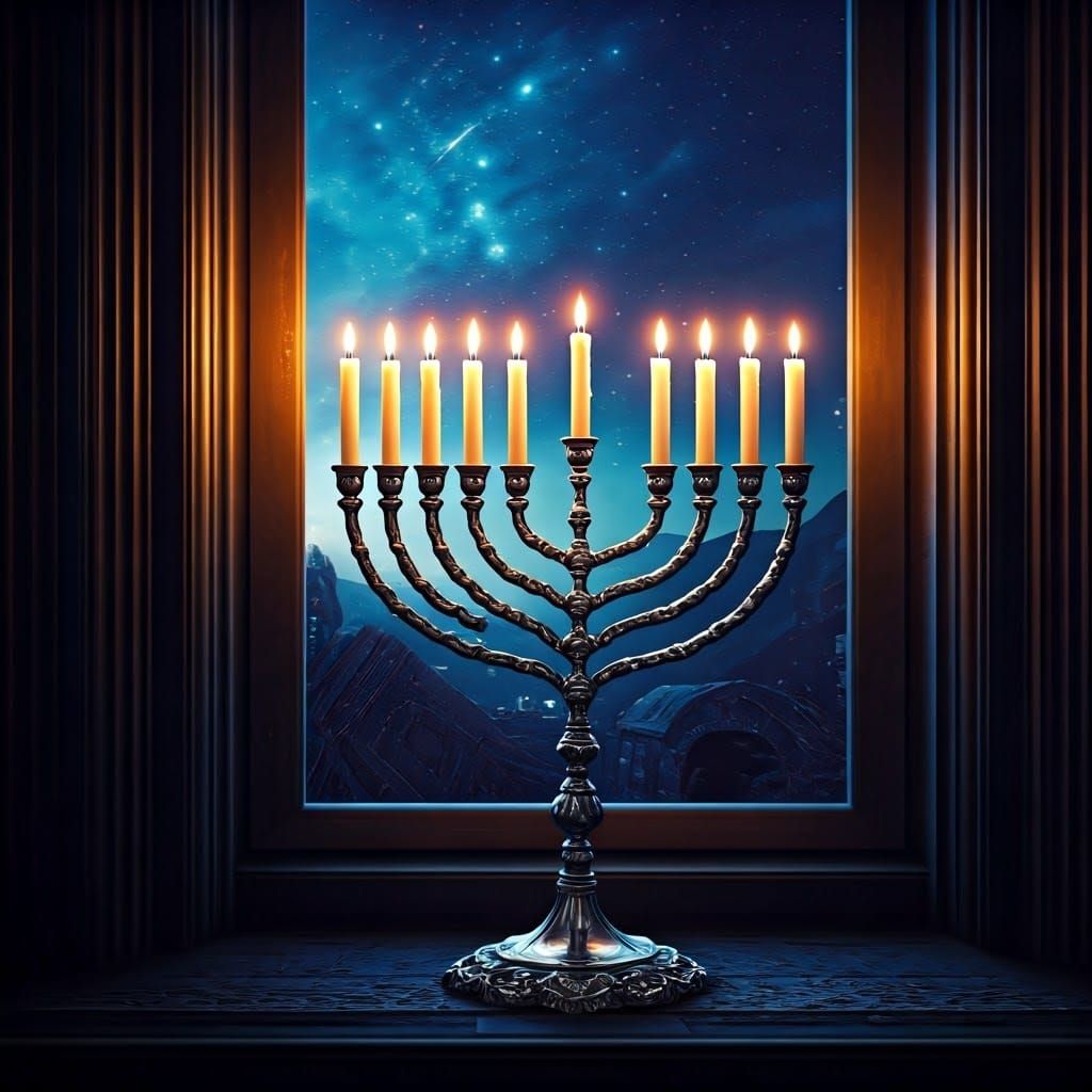 Silver Menorah Under the Enchanted Night Sky
