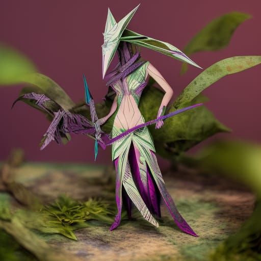 Drukhari Witch in Jungle: Origami Papercraft Style