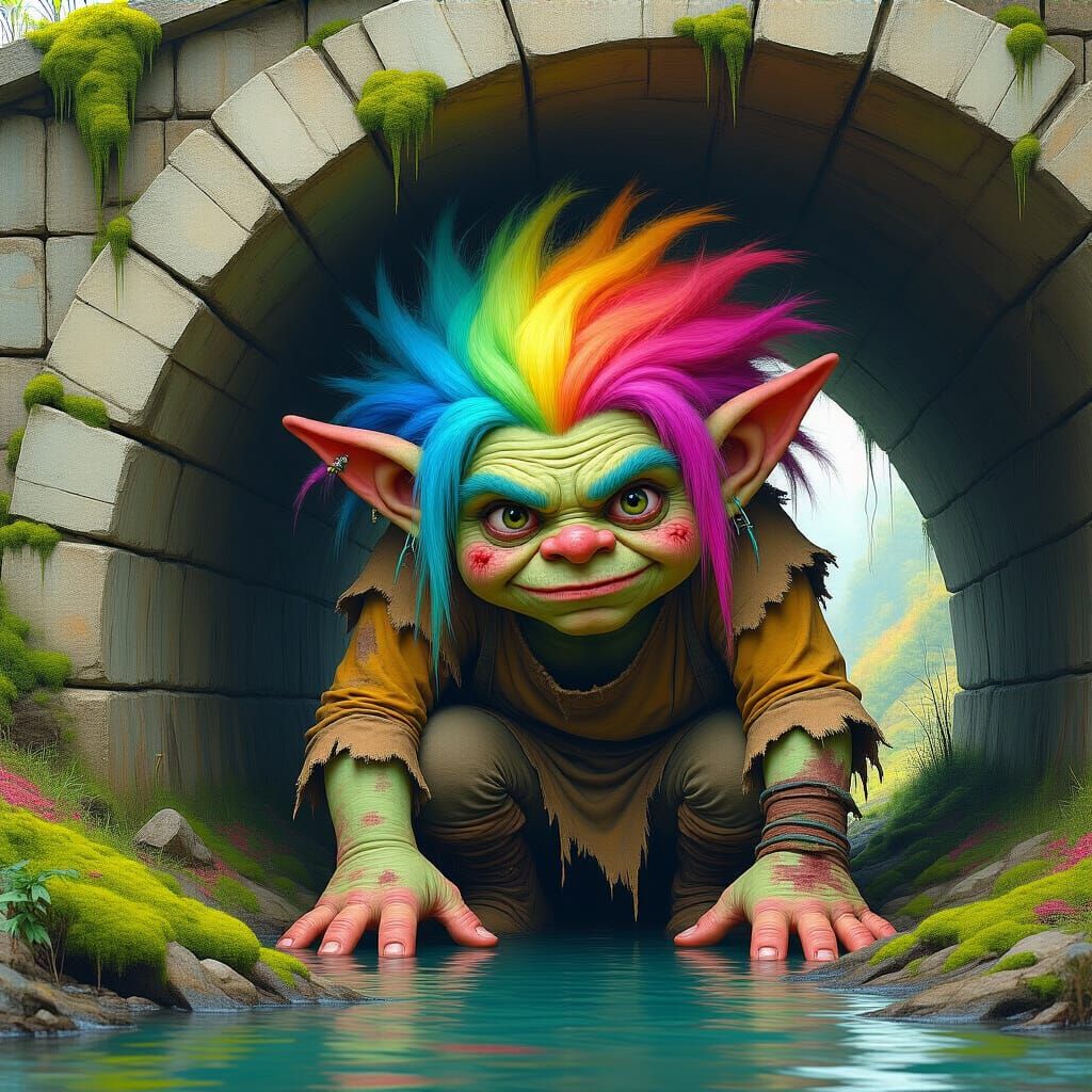 Playful Rainbow Troll Hiding Under Bridge in Splash Art