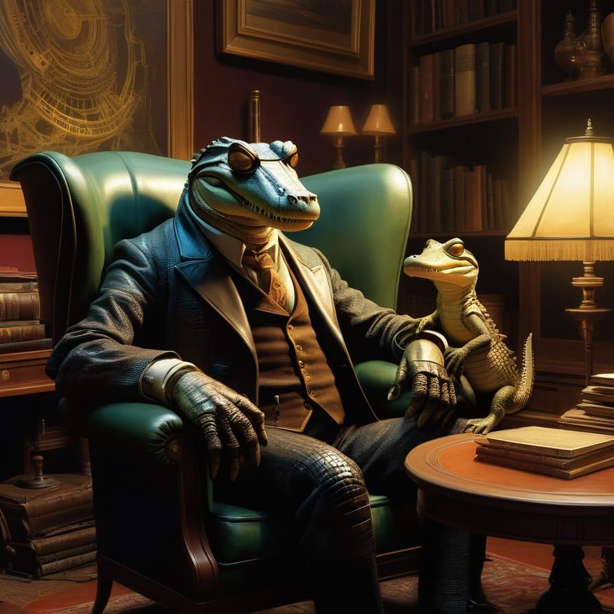 Gentle Giant Father Alligator Reads to His Little One in a S...