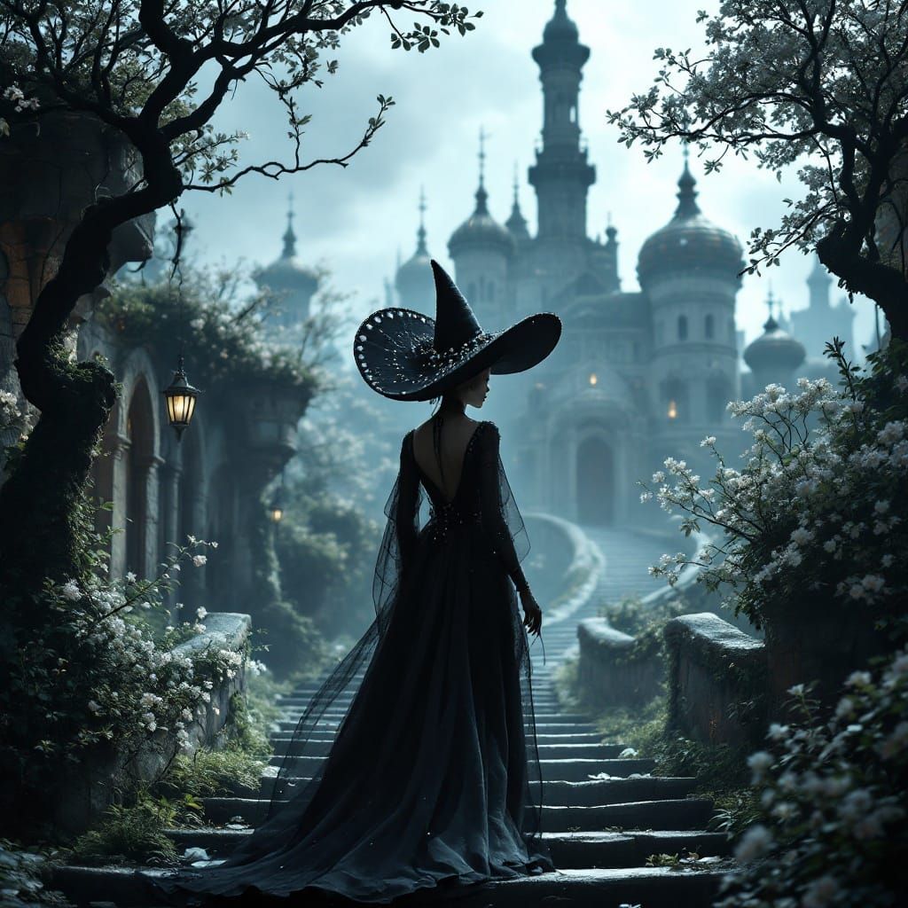 Hyperrealistic Witch in a Surreal Cherry Blossom City