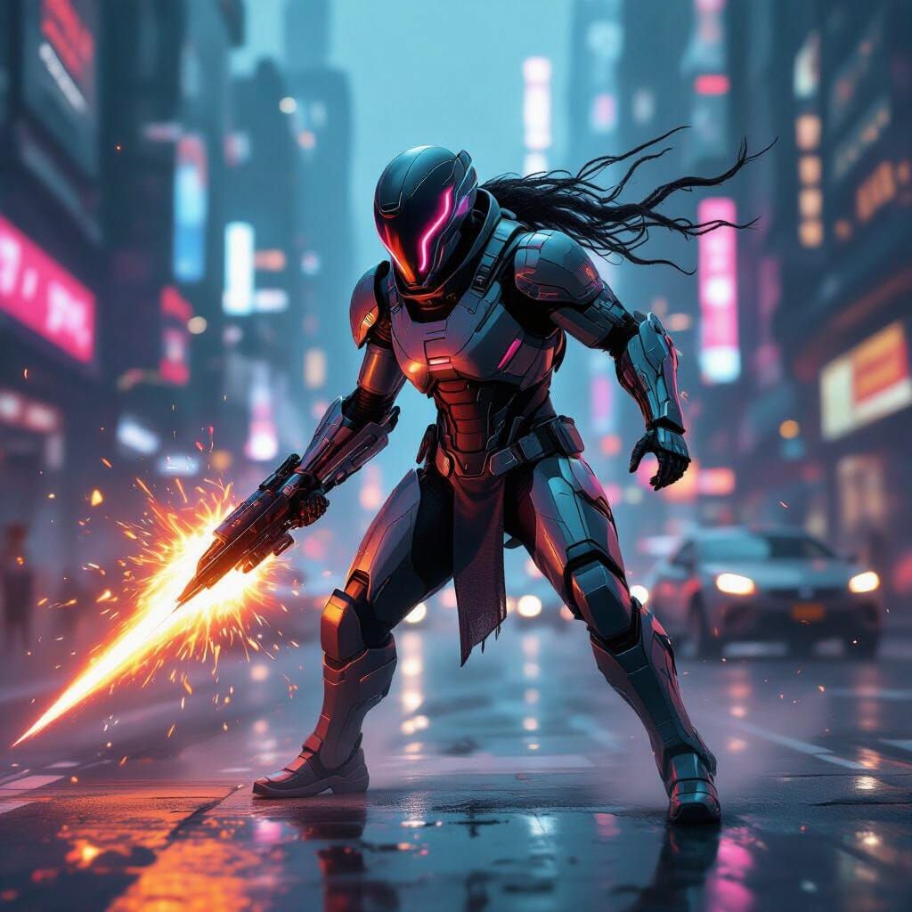 Futuristic Warrior Unleashes Fury in Cyberpunk Cityscape
