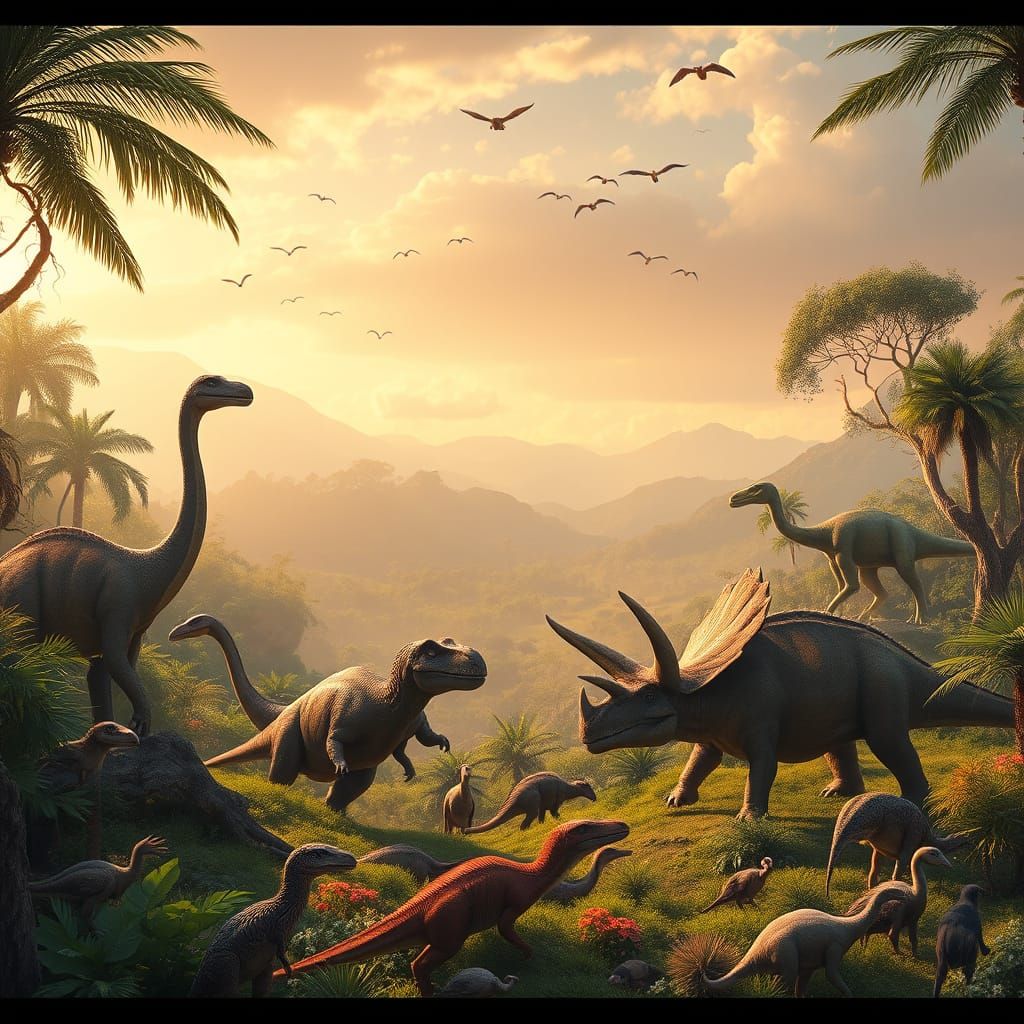 Lush Prehistoric Paradise Teeming with Majestic Dinosaurs an...