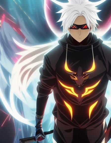 Anime Hacker with Glowing Eyes and Demon Horns