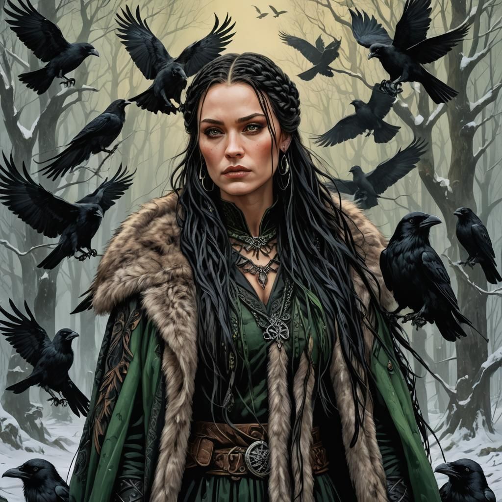 Brunhilde with Ravens: A Gothic Art Portrait