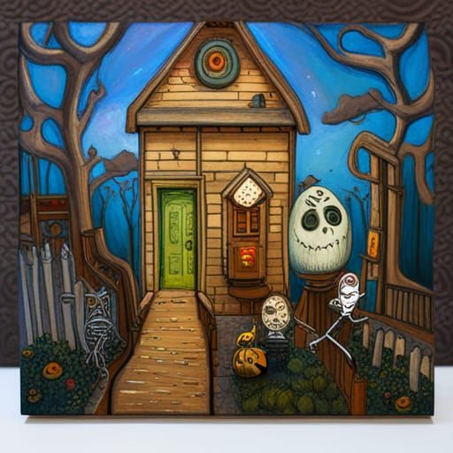 Whimsical Tiny House: Halloween Oil Painting