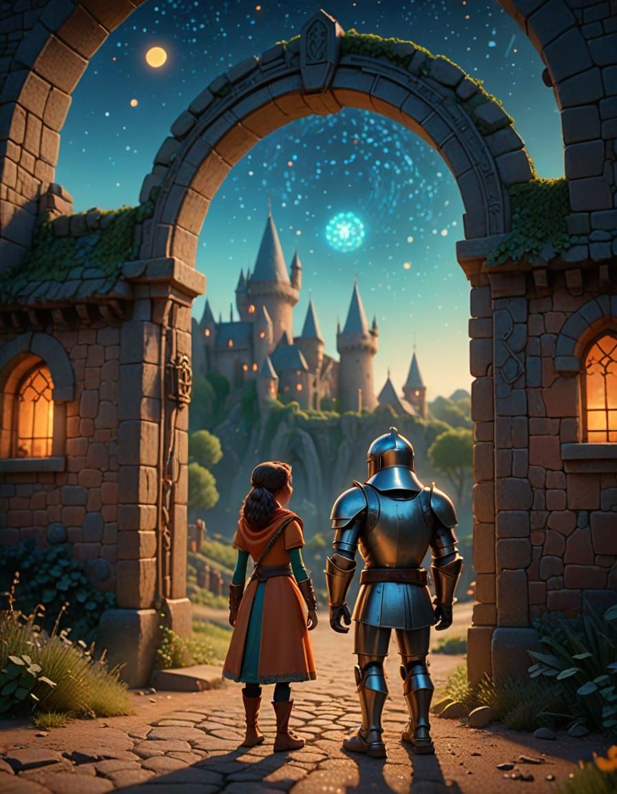 Heroic Knight and Village Girl Before Cosmic Portal in Ruins