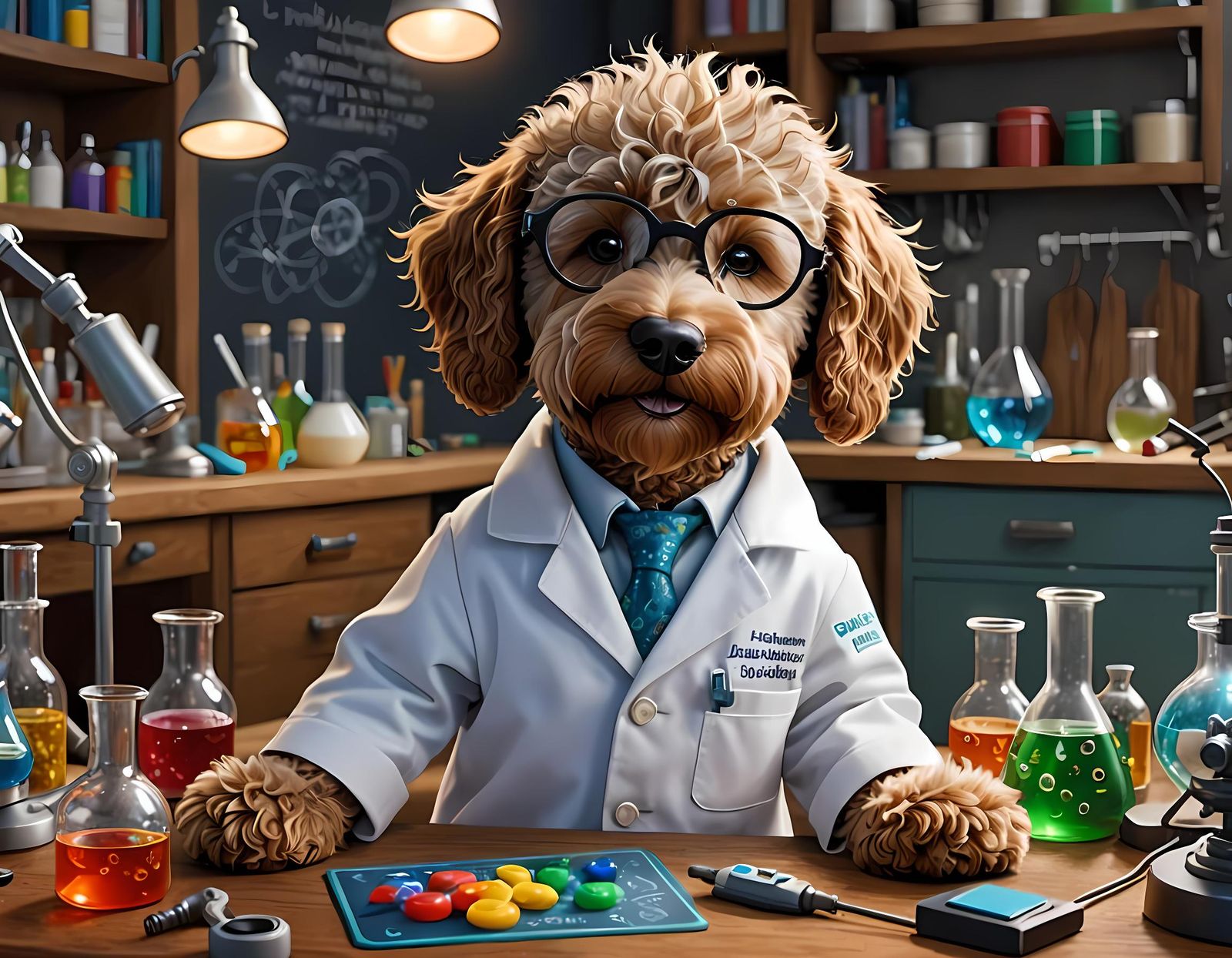 Labradoodle Scientist in Whimsical Animated Style