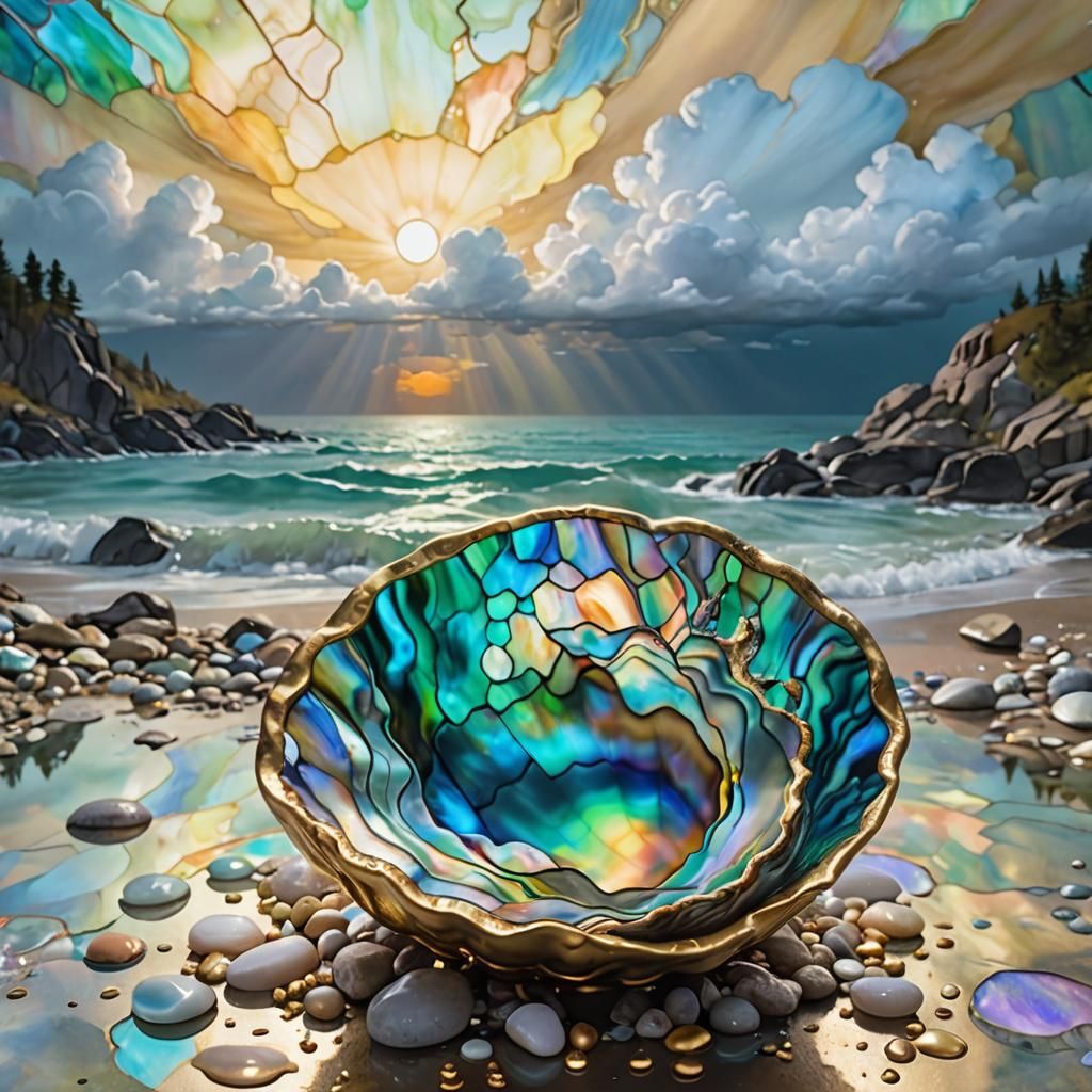 Surreal Landscape with Abalone Shell in Stained Glass Style