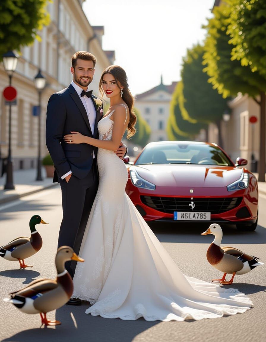 Wedding Couple Duck Photobomb in Digital Art Style