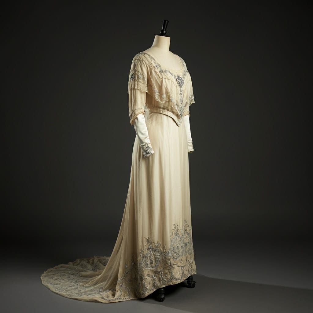 Edwardian Luxury Evening Gown in Creamy Chiffon and Ivory Sa...