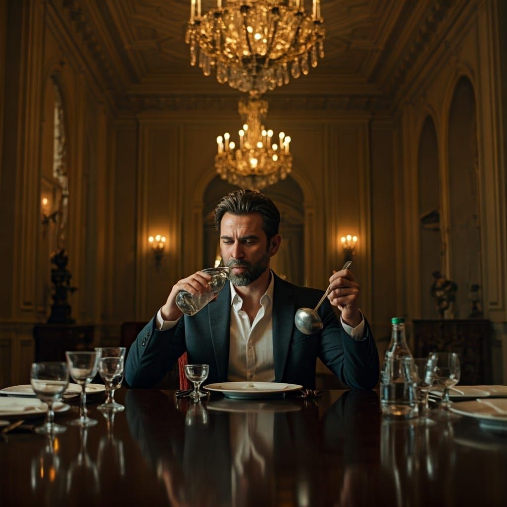 Introspective Man at Hotel Dining Table