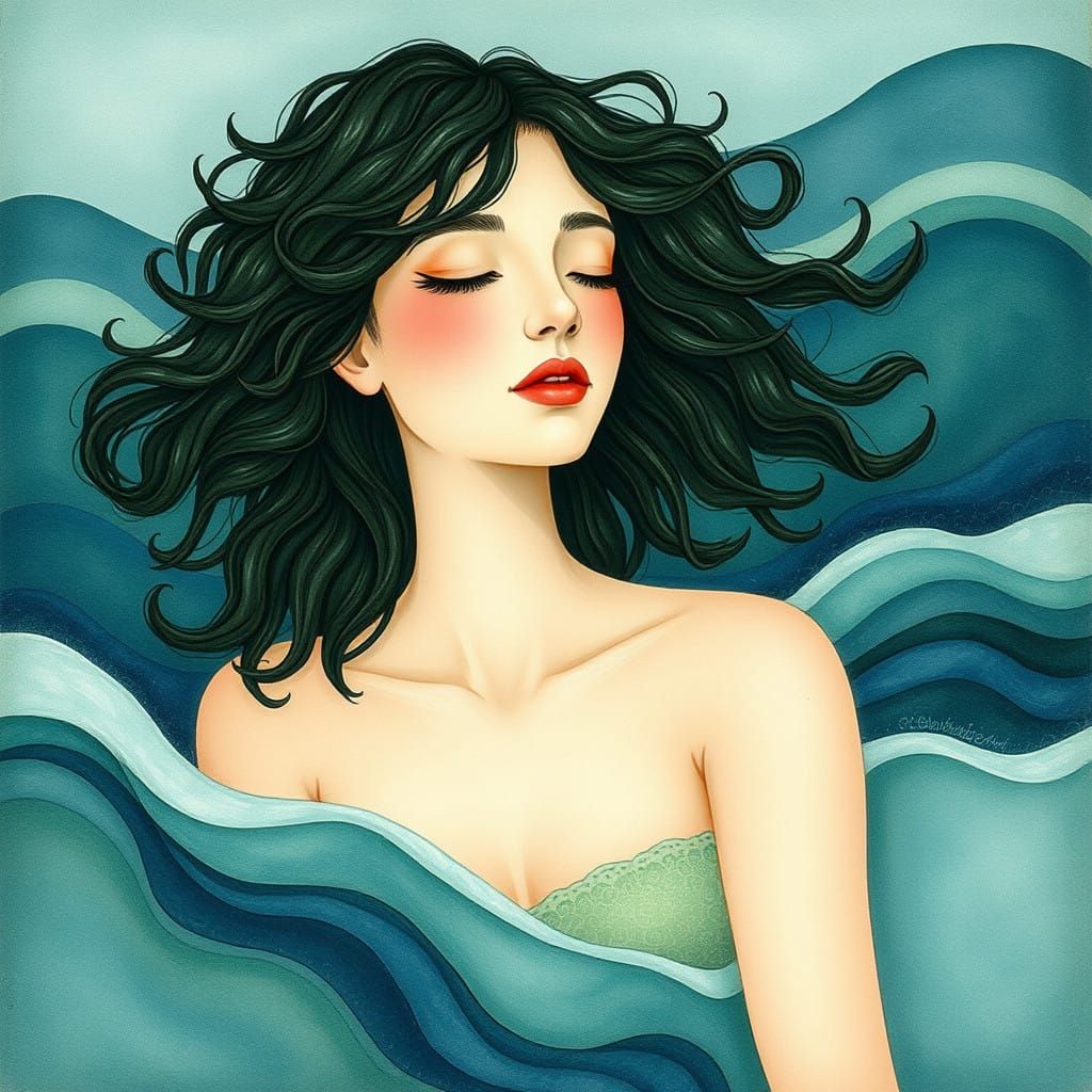 Serene Dreamer Surrounded by Gentle Ocean Waves in a Folk-Ar...