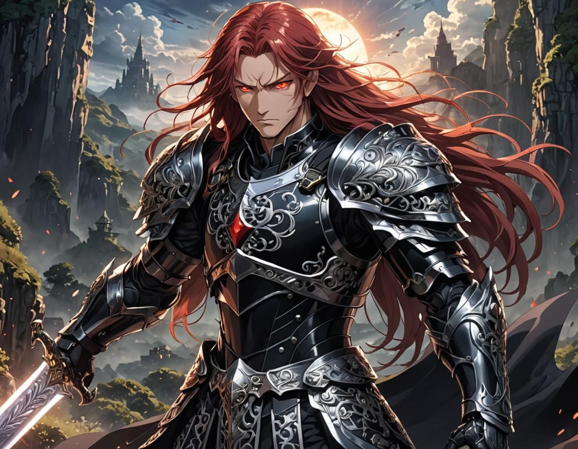 Anime Warrior with Crimson Hair and Mystical Armor
