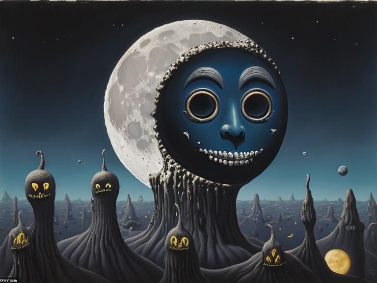 Spooky Grinning Moon Face in Surrealist Style
