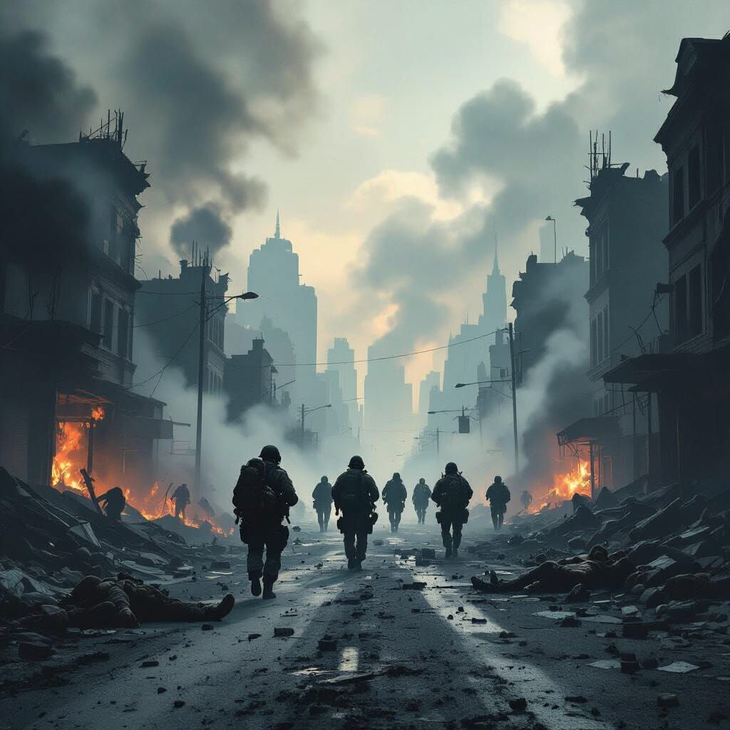 Military Rescue Troops in Smoldering City Ruins